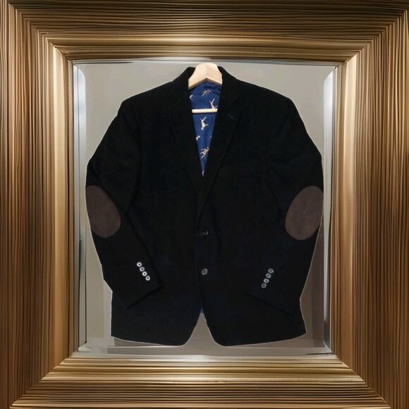 Lauren Ralph Lauren Corduroy Blazer Men's 40 Black Jacket Dog Print Elbo Patches - Picture 1 of 8